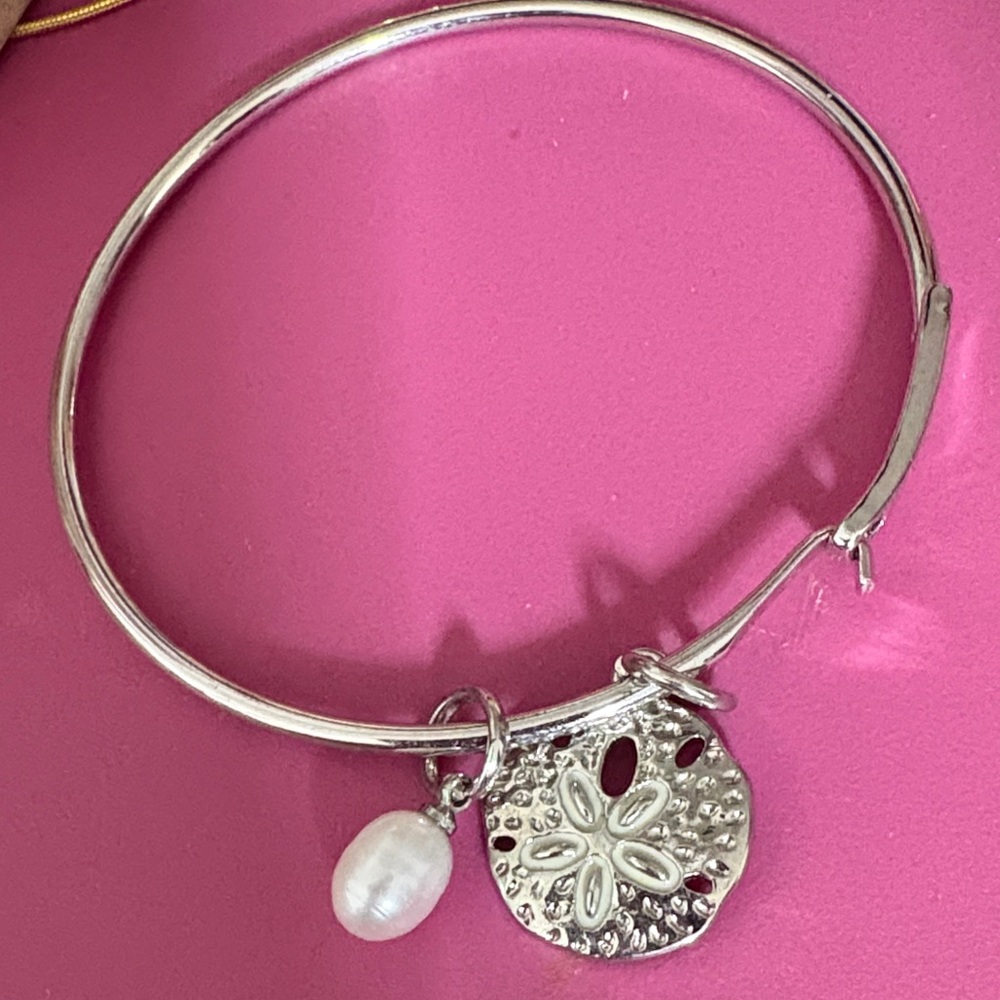 Silver Bangle Bracelet with Pearl and Sand Dollar Charm